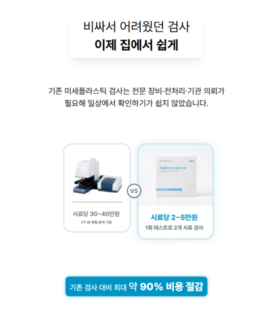 기존 미세플라스틱 검사와 5mm TEST를 비교한 안내 이미지. 고가 장비와 전문기관 중심의 기존 검사 방식과 달리, 가정에서도 보다 간편하게 이용할 수 있다